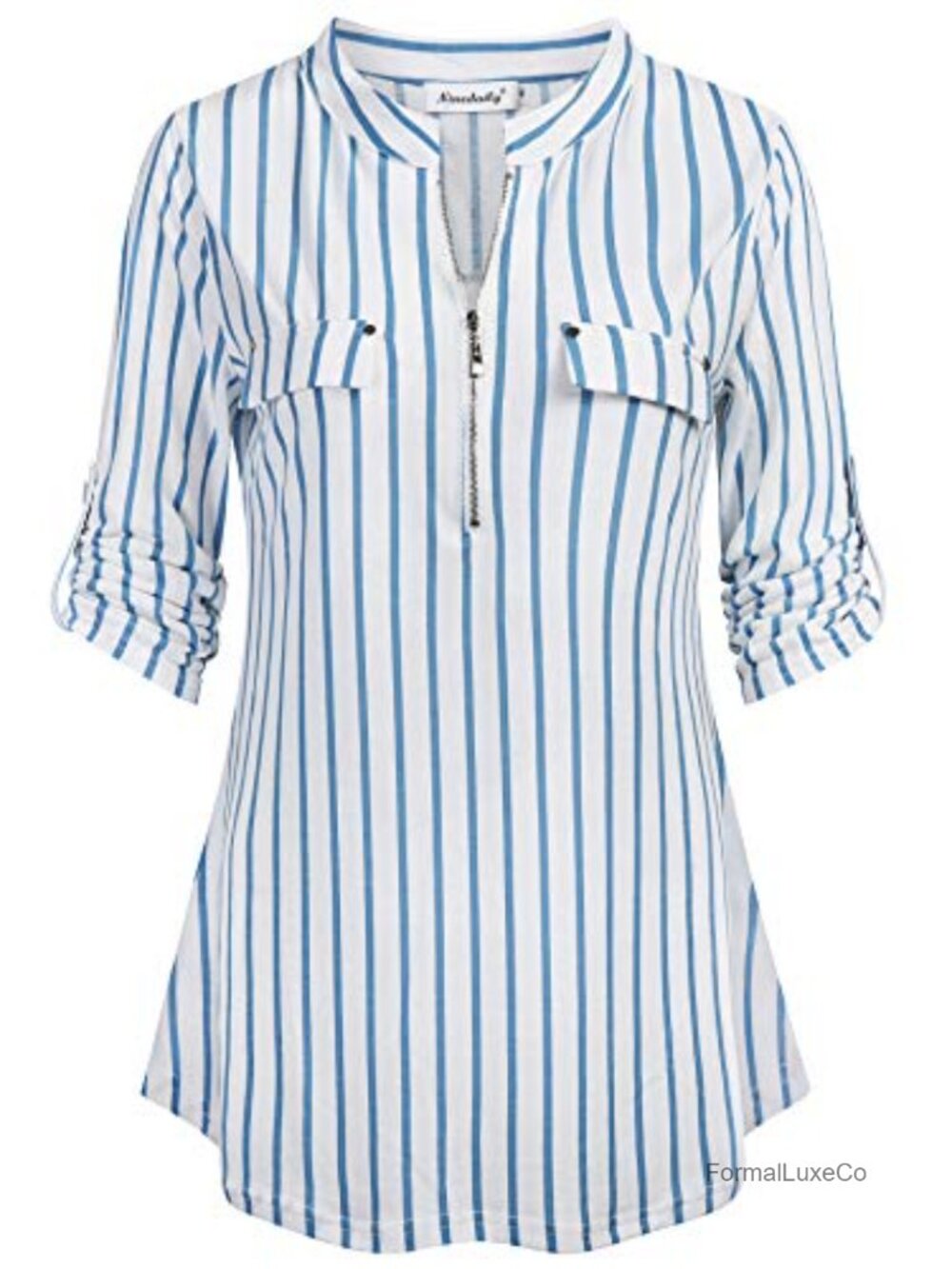 Women's 3/4 Sleeve Plaid Tunic Blouse Zipper V-Neck Casual Floral Top